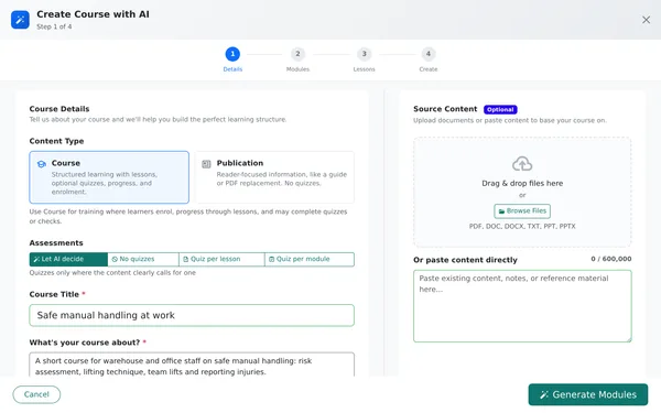 The Create Course with AI screen in Continuum Learn with content type, assessment options, a title and topic, and a source upload area accepting PDF, DOC, DOCX, TXT, PPT and PPTX