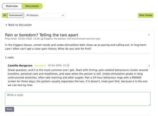 A learner question in a Continuum Learn course discussion board, answered by the course presenter with a Presenter badge