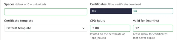 Course settings in Continuum Learn with fields for CPD hours, certificate template and validity in months