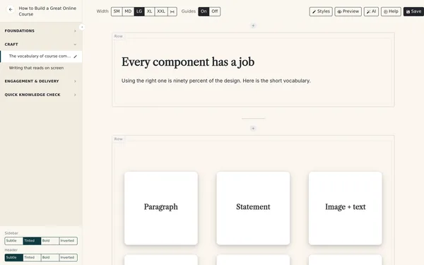The Continuum Learn visual course builder editing a lesson made of paragraph, statement, image, carousel, flashcard and quiz blocks