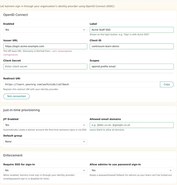 Single Sign-On settings in Continuum Learn with OpenID Connect, just-in-time provisioning and enforcement options