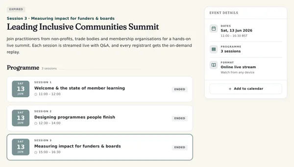A Continuum Learn watch page for a three-session live summit, showing the dated programme and an event details card with an add-to-calendar button