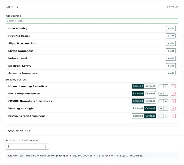 The Continuum Learn programme editor with five courses marked required or optional and a completion rule requiring all three required courses and at least one optional course