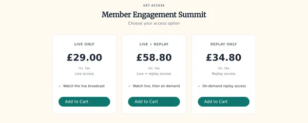 A branded event purchase page listing three products: live only, replay only and live plus replay