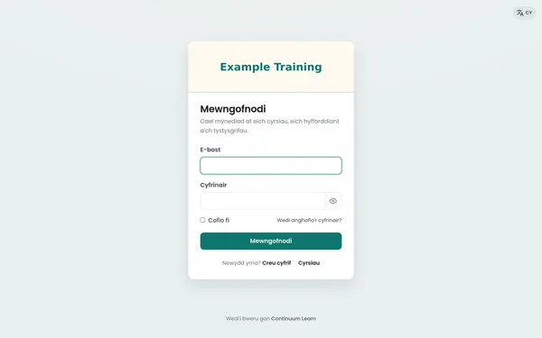 The Continuum Learn sign-in page in Welsh with a language switcher on the card