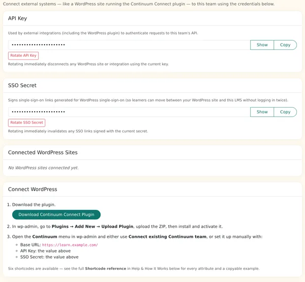 Integrations settings in Continuum Learn with API key and SSO secret fields, connected WordPress sites and a Download Continuum Connect Plugin button